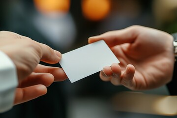 close up of business card being handed over, symbolizing networking and professional exchange. hands are engaged in meaningful interaction, highlighting importance of connections