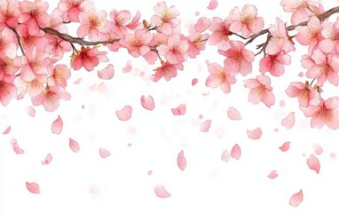 Fototapeta premium Cherry Blossom Watercolor Painting with Falling Petals Minimalist Design
