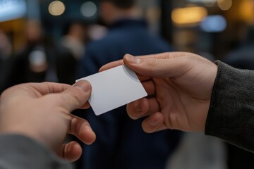close up of business card being handed over, symbolizing networking and professional connections. hands are exchanging card in blurred background of people