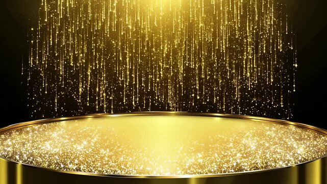 4k video footage of shimmering golden glitter particles cascading down against a dark background, creating an elegant and luxurious effect, perfect for celebrations and events.  
