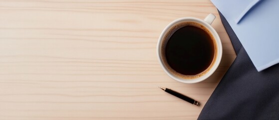 wooden desk with coffee and shirt