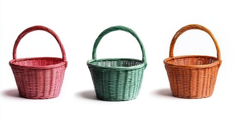Three colorful woven baskets with handles, displayed on a white background. The baskets are in different shades of pink, light green, and terracotta