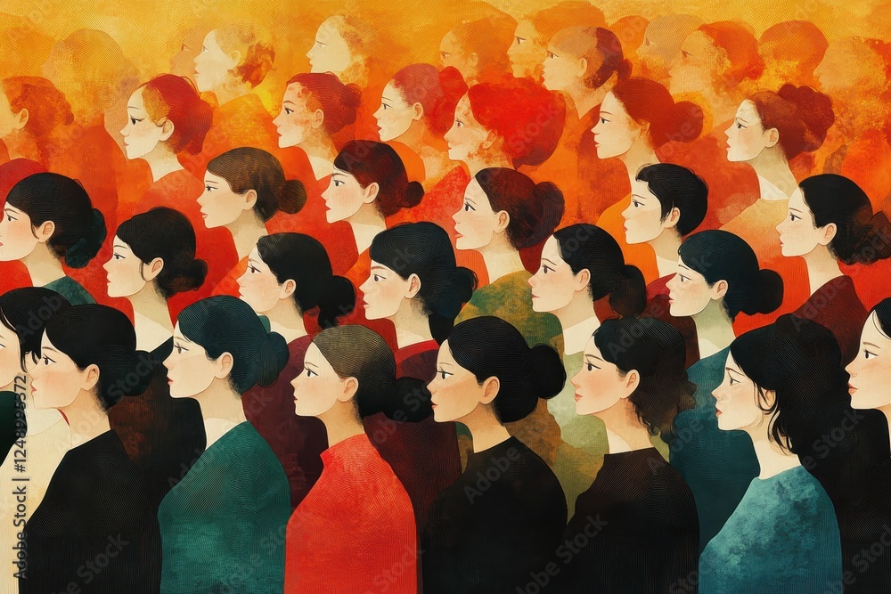 Canvas Prints Illustrated Group of Diverse Women in Profile View Depicted Against a Vibrant Orange and Red Artistic Background, Symbolizing Unity and Diversity