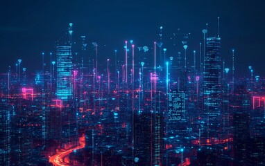 Naklejka premium A dark blue futuristic cityscape with AI, 5G, and IoTpowered smart buildings, interconnected design, glowing infrastructure, hightech details