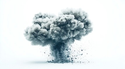 Missile explosion in mid-air, vibrant smoke trails dispersing into the atmosphere, stark contrast against a clean white background, showcasing the intensity of the blast.