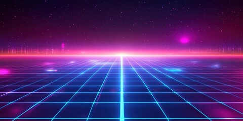 Abstract digital landscape with neon grid background showcasing vibrant blue and purple lighting effects in a futuristic style