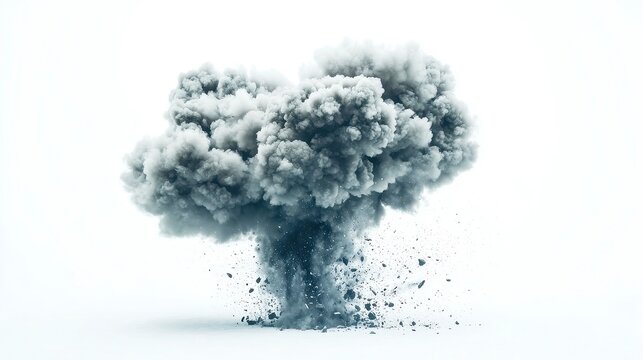 Missile explosion in mid-air, vibrant smoke trails dispersing into the atmosphere, stark contrast against a clean white background, showcasing the intensity of the blast.