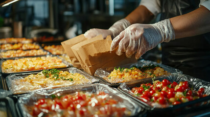 Hands expertly preparing fresh gourmet dishes in a bustling kitchen setting during a lively dinner service