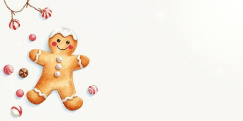 Naklejka premium Delicate watercolor design of a gingerbread man with icing and candy on a snowy background, holiday decoration, icing, winter scene