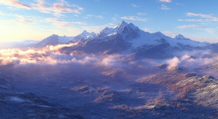 Obraz premium Breathtaking Dawn Mountain Landscape with Soft Pastel Colors and Rugged Peaks