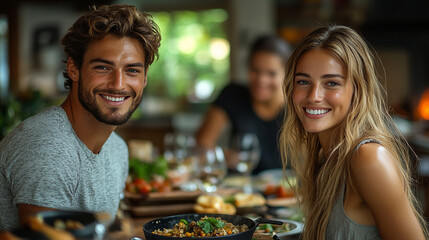 Fototapeta premium Joyful friends enjoying a vibrant meal together in a cozy, sunlit dining space surrounded by nature
