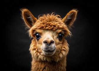Fototapeta premium Curious Fluffy Alpaca Peeking from Dark Isolation - Adorable Farm Animal Stock Photo