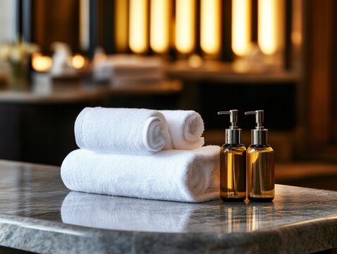 Luxury hotel bathroom amenities towels, lotions, marble