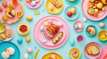 Easter feast setup with traditional foods like ham, boiled eggs, and bread, styled on a vibrant spring-themed dining table.