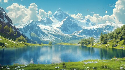 Fototapeta premium Alpine lake, scenic mountains, wildflowers, birds, sunny day, travel poster