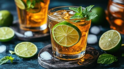 Iced tea with lime and mint in glass.