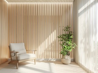 Minimalist living room with a white armchair. a potted plant. a wooden slat wall. and a window with sheer curtains