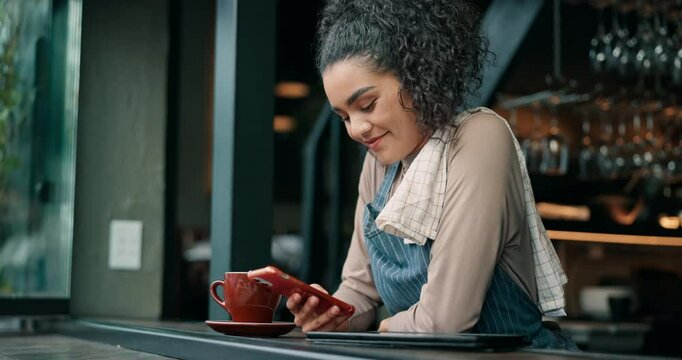 Phone, waitress and thinking with woman in cafe for restaurant promotion, social media post and chat. Hashtag campaign and customer engagement person in coffee shop for loyalty program sign up