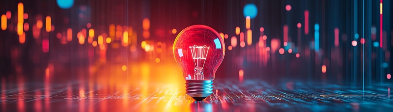 Highenergy scene of a lit bulb with a sharply rising graph, vibrant neon colors, sleek modern aesthetic symbolizing energy cost escalation