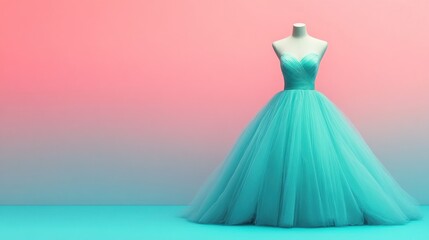 Teal tulle ballgown on mannequin against pink-blue gradient background.