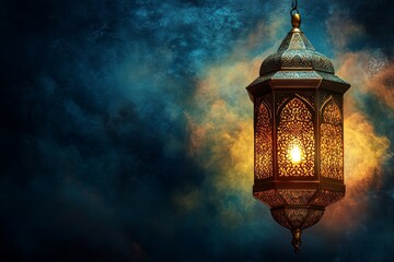 Illuminated Ramadan lantern, night sky, smoky background, festive decor