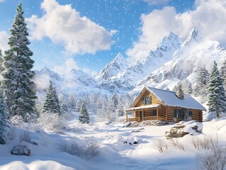 Fototapeta premium Snowy Mountain Cabin Winter Wonderland: Log Cabin in a Picturesque Alpine Setting with Snow-Covered Trees and Majestic Peaks. Serene Winter Escape.