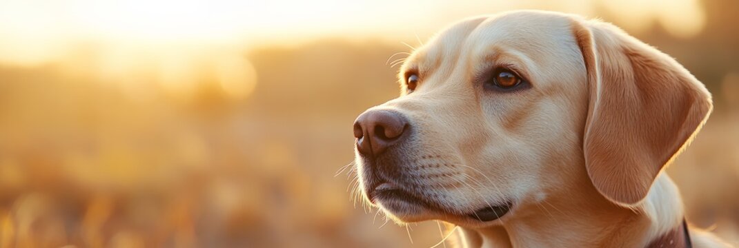 Beautiful labrador retriever dog posing majestically in a field bathed in the warm, golden light of the setting sun, creating a serene and heartwarming scene