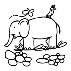 A cute elephant with a bird on its back, walking through a field with flowers. Perfect for children's books, animal lovers, and nature themes