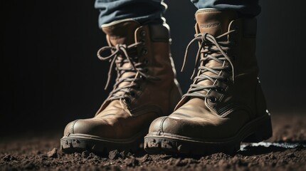 A pair of tan work boots stand on the ground, laces tied, ready for a day of labor and adventure.