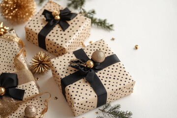 Christmas Gifts in Black and Gold with Polka Dots on White Background Minimalist Flat Lay Composition