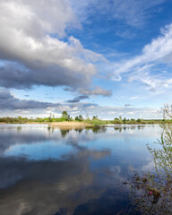 Calm lake with a cloudy sky in the background