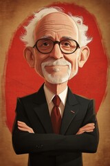 Illustrated Portrait of an Elderly Man with Glasses in a Suit Standing Confidently with Arms Crossed Against a Rustic Red Background