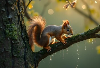 Obraz premium Squirrel Climbing Dew-Covered Branch at Dawn