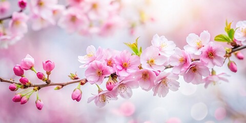 Delicate Pink Cherry Blossom Branch, Spring Bloom, Tilt-Shift Photography, Soft Focus, White Background