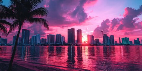 Obraz premium view of Miami, Florida skyline and bay framed by palm tree 