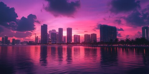 Obraz premium view of Miami, Florida skyline and bay framed by palm tree 