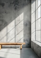Wooden bench in minimalist room with concrete wall and large window