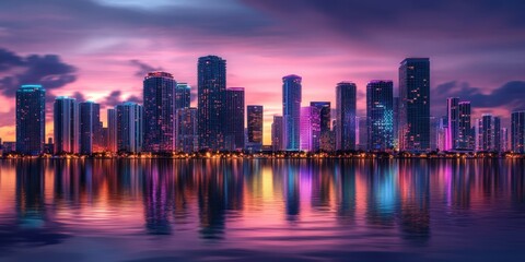 view of Miami, Florida skyline and bay framed by palm tree
