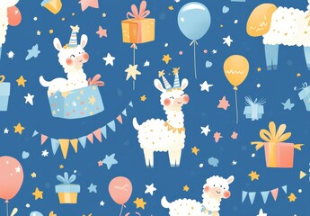 Cute Llamas and Party Elements in Seamless Pattern Design