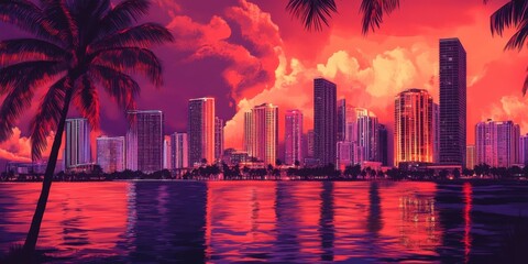 Obraz premium view of Miami, Florida skyline and bay framed by palm tree 