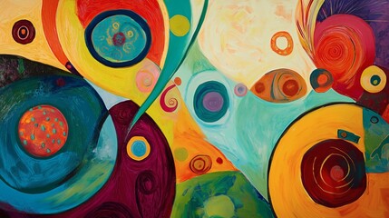Abstract illustration with vibrant shapes and bold colors, featuring dynamic circular forms, modern artistic composition, and expressive visual energy.