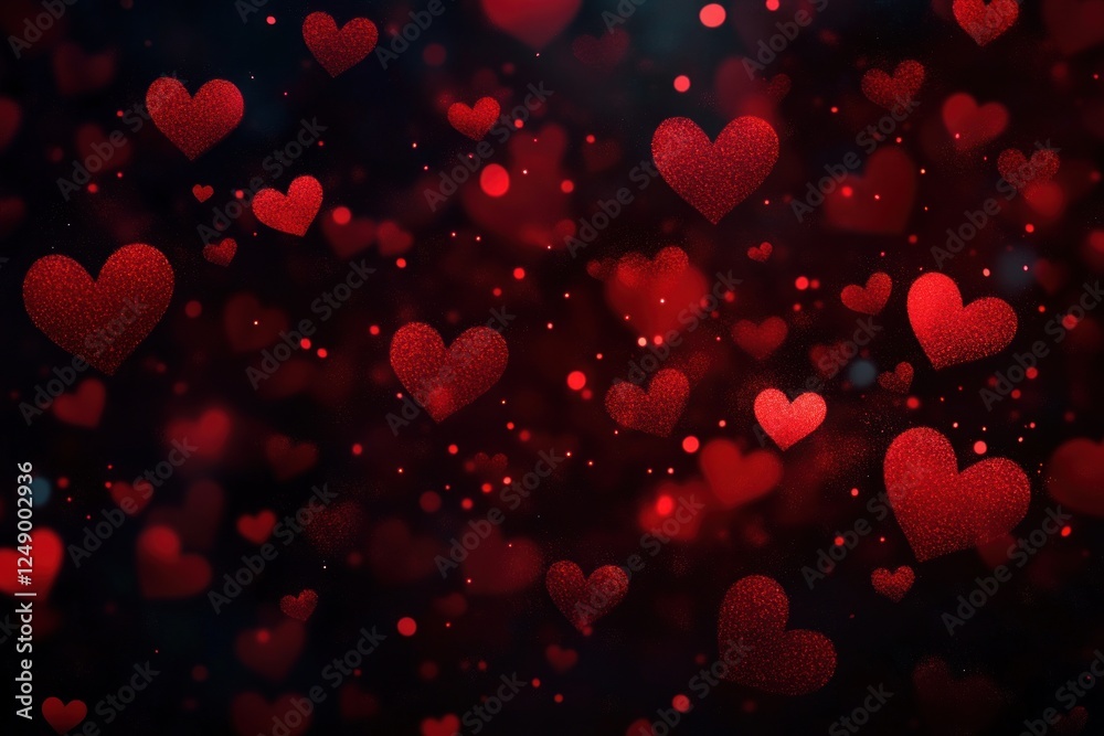Poster Romantic Abstract Background with Shimmering Red Hearts and Bokeh Light Effects for Valentines Day
