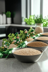 Celebration of St. Patrick's Day with decorative bowls of grains and festive figures in a contemporary kitchen setting