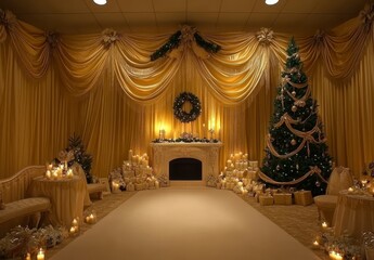 Elegant Christmas scene with gold drapes, a decorated Christmas tree, presents, and a fireplace, with soft lighting and a warm atmosphere