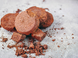 Close-up of coffee grounds from espresso machine. coffee ground on gray background