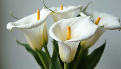 Elegant white calla lilies with dark green stems arranged in a minimalistic setting
