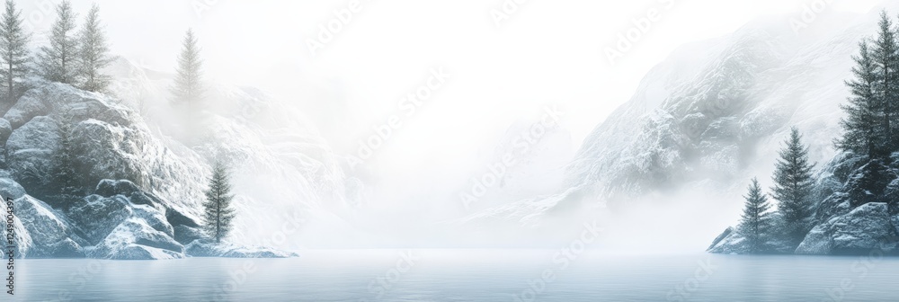 Poster fog enveloping a frozen lake, surrounded by majestic snowy mountains and towering pine trees, create