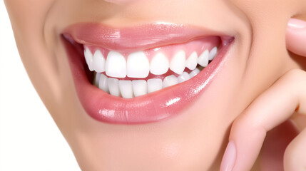 Obraz premium Radiant Smile: Beautiful Woman with Perfect White Teeth, Hand on Cheek, Isolated on White Background for Dental Clinic Ad
