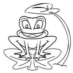 A cartoon toad with a big smile, sitting on a lily pad. Line art style, cute and whimsical. Perfect for children's designs, nature-themed projects, or educational materials