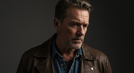 Obraz premium Brooding Man in Leather Jacket Posing Thoughtfully Against Dark Background - Perfect for Lifestyle or Fashion Photography Needs